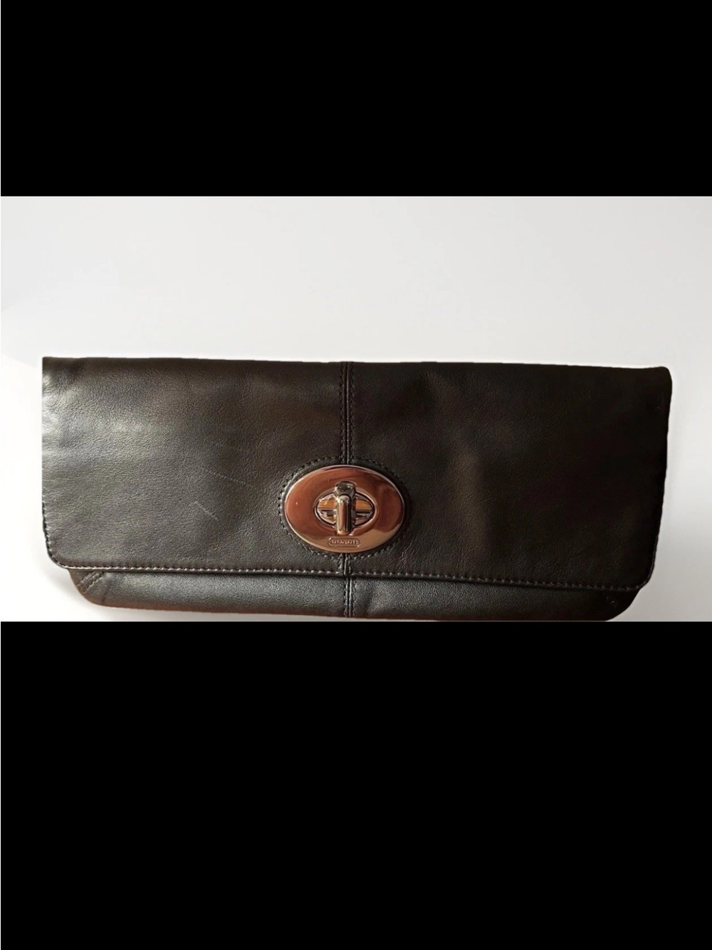 Coach Clutch Black Leather, Fold Over, Silver Turn-Lock, Pink Satin Lining, EUC